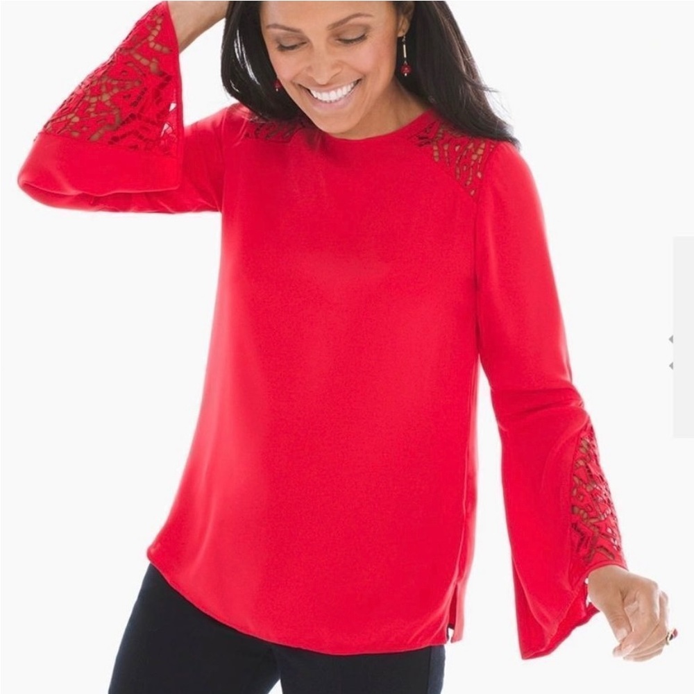 Chicos Red Cutout Lace Bell Sleeve Blouse
